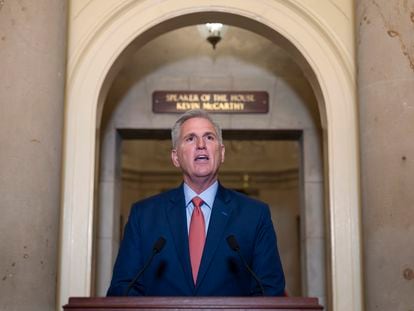 Speaker of the House Kevin McCarthy, R-Calif., speaks at the Capitol in Washington, Tuesday, Sept. 12, 2023