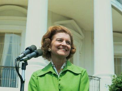 Betty Ford smiles during a press conference outside the White House, in an undated image.