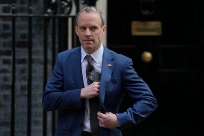 Britain's Deputy Prime Minister Dominic Raab leaves 10 Downing Street in London, Wednesday, March 23, 2022.