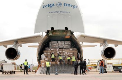 A plane carrying 65 tons of medical supplies from China lands at Manises airport in Valencia.