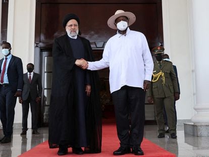 Iranian President Ebrahim Raisi meets with Ugandan President Yoweri Museveni during his official visit at the State House in Entebbe, Uganda, on July 12, 2023.