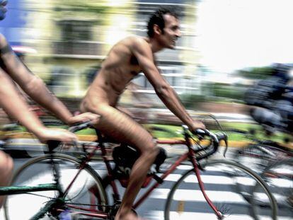 Nude cyclists during a bike rally in Lima, Peru.