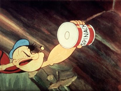 Popeye with his famous can of spinach in a 1945 animated short.