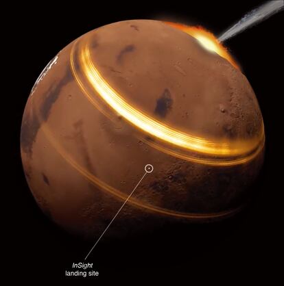 Recreation of the meteorite impact on Mars with the location of the InSight probe.