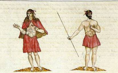 Native inhabitants of La Gomera, in an illustration by Leonardo Torriani (1592).