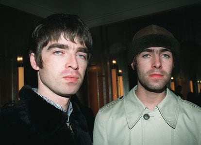 Noel and Liam Gallagher, singer and guitarist of Oasis, photographed in 1996.