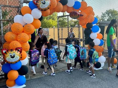 During a child’s first years of life, the microbiome and the brain develop in parallel. In the picture, children at a New York City public school start the school year last September.