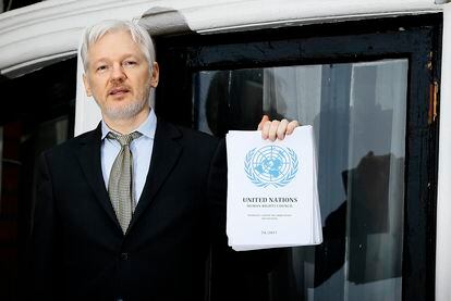 Julian Assange, from the balcony of the Embassy of Ecuador in London, in February 2016.