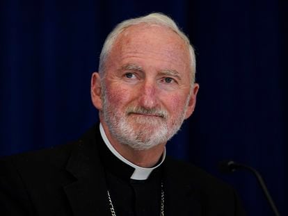 Bishop David O'Connell, of the Archdiocese of Los Angeles, attends a news conference at the Fall General Assembly meeting of the United States Conference of Catholic Bishops, on Nov. 17, 2021, in Baltimore.