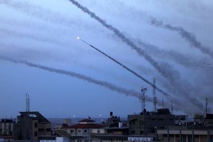 Rockets launched from Gaza streak toward Israel.