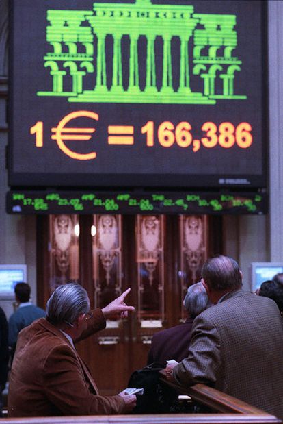 The first day the euro was floated on the Madrid stock exchange.