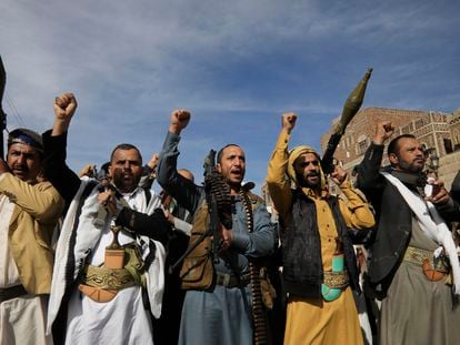 Houthis during a protest in support of the Palestinian people, in the Yemeni capital Sana'a, on February 28.