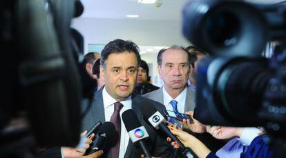 Brazilian senators Aécio Neves and Aloysio Nunes speak to reporters on Tuesday.