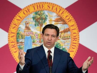 Florida Gov. Ron DeSantis speaks during a news conference to sign several bills related to public education and increases in teacher pay, in Miami, Tuesday, May 9, 2023.