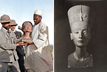 The              bust of Nefertiti found by the Germans at Amarna, in a              colorized photo from the time of the discovery.