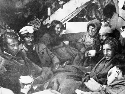Some of the survivors from Uruguayan Air Force Flight 571, crammed into the shell of the plane, on December 22, 1972, the night before they were rescued.