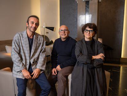 From left, Iranian filmmakers Ali Ahmadzadeh, Mehran Tamadon and Sepideh Farsi; Valladolid, Spain; October 25, 2023.