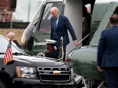 President Joe Biden arrives at Walter Reed National Military Medical Center in Bethesda, on Thursday, February 16, 2023.