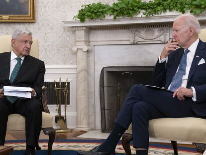 US President Joe Biden meets Andres Manuel Lopez Obrador, Mexico's president, in the Oval Office of the White House in Washington, D.C., US, July 12, 2022.