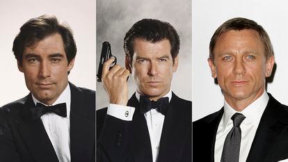 Left to right: Timothy Dalton, Pierce Brosnan and Daniel Craig, the last three actors to play James Bond.