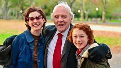 From left, Anne Hathaway (the mother), Anthony Hopkins (the grandfather), and Banks Repeta, who plays the protagonist, Paul Graff, in a still image from the movie.