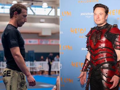 On the left, Zuckerberg in an image from his competitions, which he shared on social media. At right, Elon Musk at a party last Halloween.