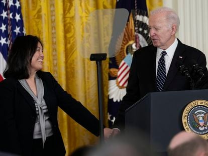 President Joe Biden talks about his nomination of Julie Su, left, to serve as the Secretary of Labor during an event in the White House in Washington, on Wednesday, March 1, 2023.