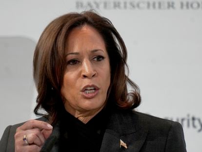 Vice President of the United States Kamala Harris speaks at the Munich Security Conference in Munich, Saturday, Feb. 18, 2023.