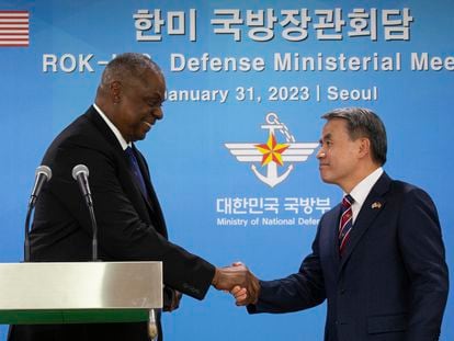 US Secretary of Defense Lloyd Austin, left, shakes hands with South Korean Defense Minister Lee Jong-sup in Seoul, South Korea, Tuesday.