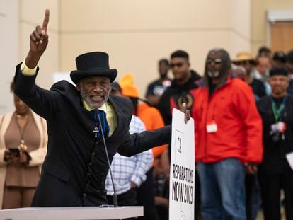 Morris Griffin, of Los Angeles, speaks during the public comment portion of the Reparations Task Force meeting in Sacramento, California, on Friday, March 3, 2023.