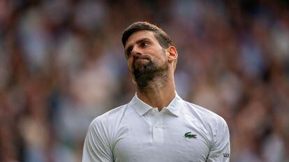 Novak Djokovic (SRB) reacts to a point during the men’s singles final against Carlos Alcaraz (ESP) on day 14 at the All England Lawn Tennis and Croquet Club.