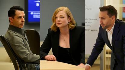 This combination of three separate photos shows Jeremy Strong as Kendall Roy, left, Sarah Snook as Shiv Roy, center, and Kieran Culkin as Roman Roy, from the HBO series 'Succession.'