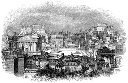 A mid 19th-century engraving showing what the Roman Forum looked like in the 1st century A.D.