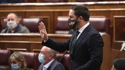Vox leader Santiago Abascal speaking during question time on Wednesday inside Spain's Congress of Deputies.