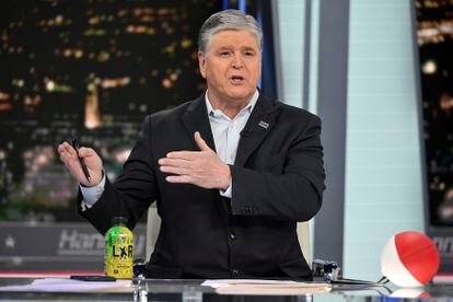 Fox News commentator Sean Hannity speaks during an interview at Fox News Studios, March 16, 2023, in New York.