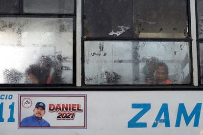 A poster in support of Nicaraguan President Daniel Ortega on a public bus in Managua.
