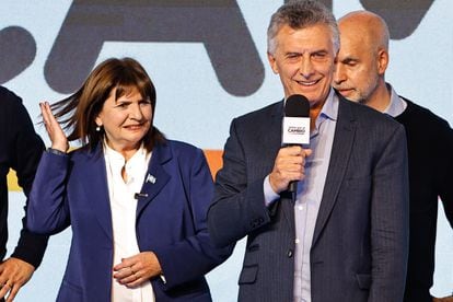 Former Argentinian president Mauricio Macri, together with center-right leader Patricia Bullrich, during the rally after the first results of the primary elections were announced on Sunday in Buenos Aires