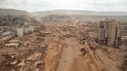 A general view shows destroyed buildings and houses in the aftermath of a deadly storm and flooding, in Derna, Libya, on September 18, 2023. 