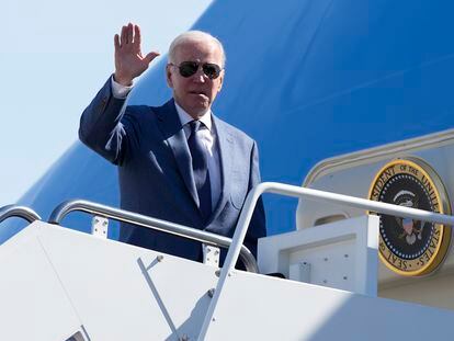 President Joe Biden boards Air Force One, on April 11, 2023, at Andrews Air Force Base, Maryland.