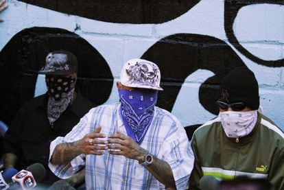 Members of the Barrio 18 street gang attend a news conference at the prison in San Pedro Sula. 