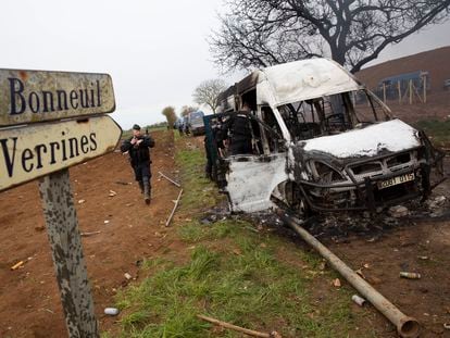 A burned police van in the fields of Sainte Soline, France, where officers clashed with protesters on Saturday.