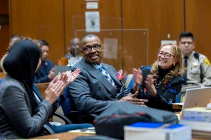 Maurice Hastings, who spent more than 38 years behind bars for a 1983 murder he did not commit, is applauded while appearing at a court in Los Angeles where a judge officially found him to be factually innocent on Wednesday, March 1, 2023.