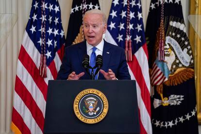 President Joe Biden speaks during an event to commemorate Pride Month