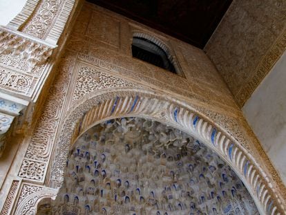 Gilded tin plasterwork showing purple hues at the Alhambra in Granada, Spain.