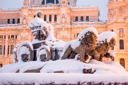 Madrid's Cibeles Fountain was covered in snow by Storm Filomena in early January.