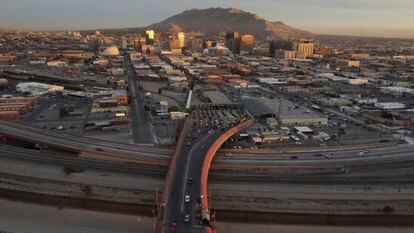 Cars line up at the Paso del Norte international bridge in Ciudad Juarez, Mexico, below, on the border with El Paso, Texas, top, in November 2021.