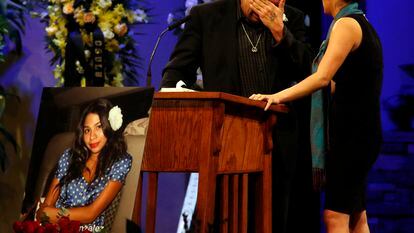 Reynaldo Gonzalez cries while remembering his daughter Nohemi Gonzalez, who was killed by Islamic State gunmen in Paris, at her funeral at the Calvary Chapel in Downey, Calif., Dec. 4, 2015.
