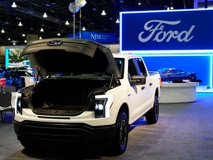 The Ford F-150 Lightning displayed at the Philadelphia Auto Show on Jan. 27, 2023, in Philadelphia.