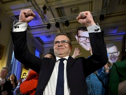 National Coalition Chairman Petteri Orpo celebrates at the party's parliament election wake after seeing the results of the advance votes in Helsinki, Finland, on April 2, 2023.