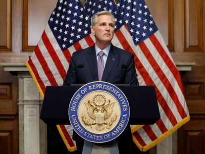 The ousted Republican House Speaker, Kevin McCarthy, appears before the press on Tuesday at the U.S. Capitol.